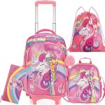 HTgroce Zaino per la scuola con ruote, trolley con unicorno, per ragazze, zaino da 16 pollici, con sacchetto per il pranzo e astuccio, regalo per la ...