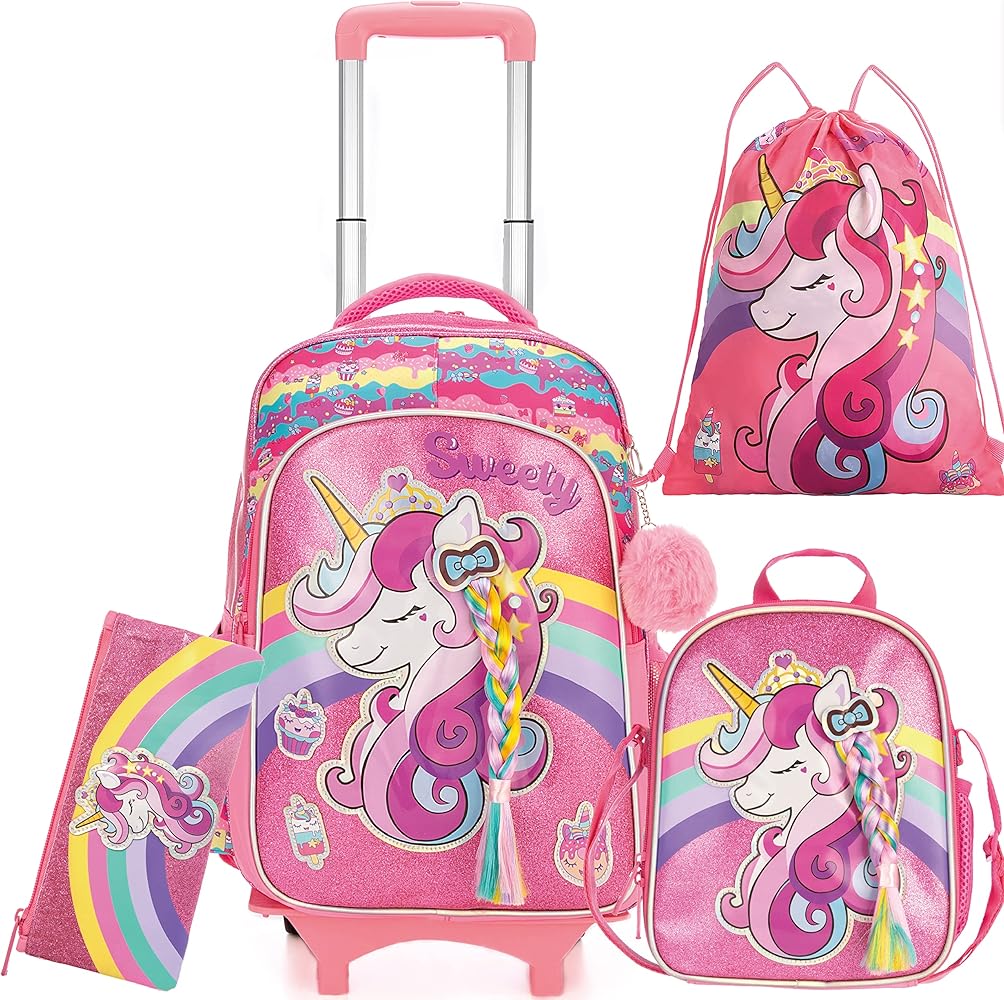 zaino-elementari-bambina-569mey-1.jpg HTgroce Zaino per la scuola con ruote, trolley con unicorno, per ragazze, zaino da 16 pollici, con sacchetto per il pranzo e astuccio, regalo per la ... - immagine 1
